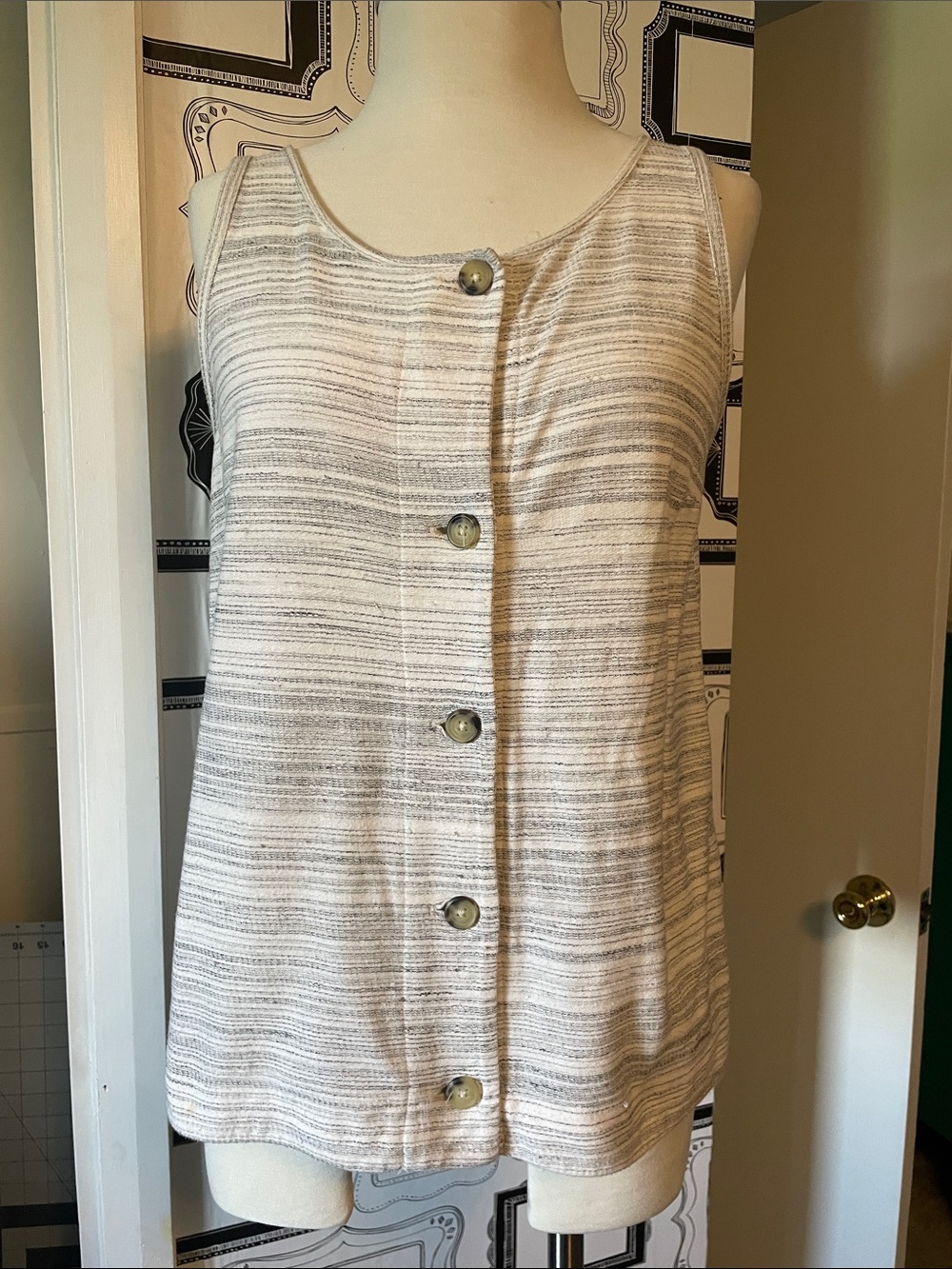 Lucky Brand Cream and Gray Striped Button-Front Tank